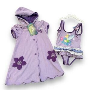 New NWT Disney Fairies Tinker Bell Swimsuit & Cover Up Set Toddler 3T Purple